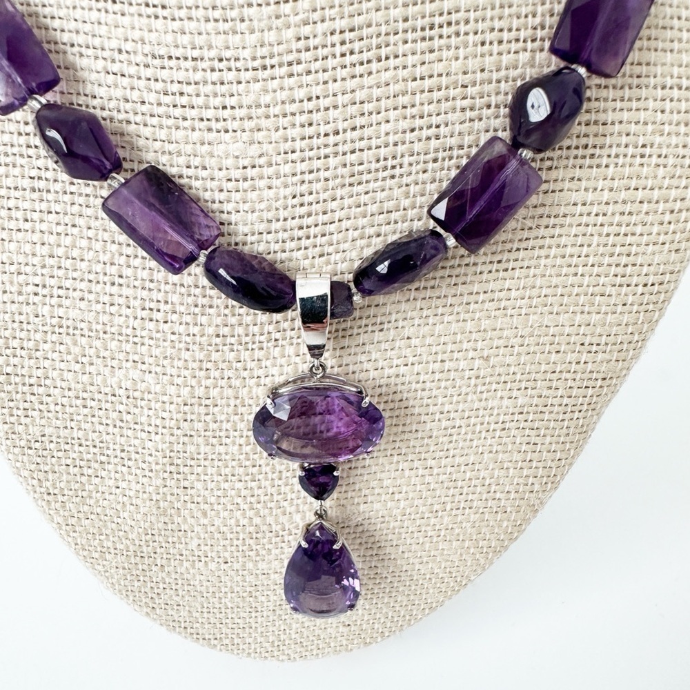 Genuine Amethyst & Sterling Silver Necklace Purple Drop Pendant - Picture 2 of 8